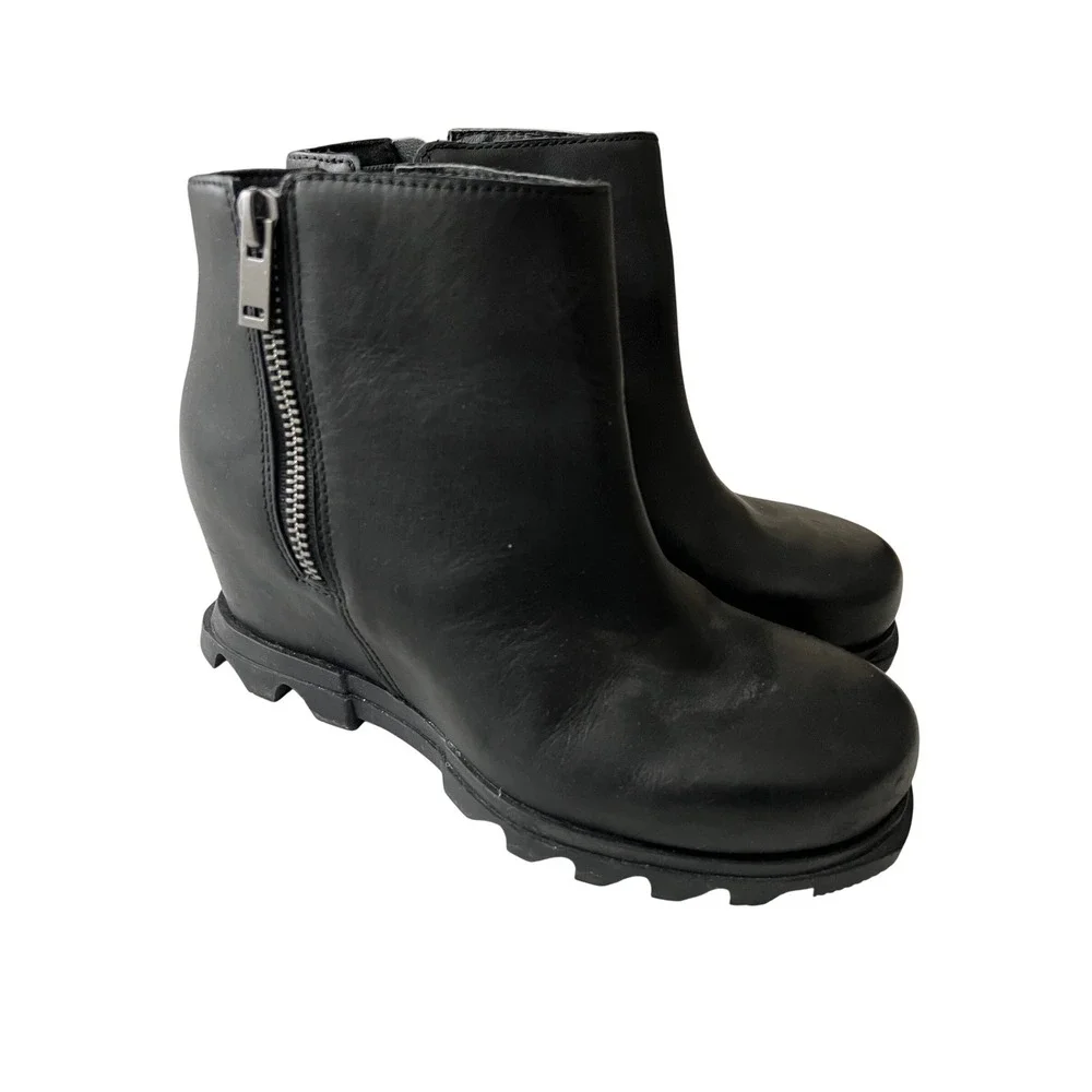 Sorel Joan‎ of Arctic Wedge III Zip Boots Women 7.5 Black Leather NL4372-010